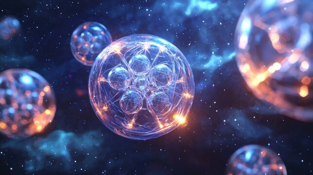 A conceptual 3D illustration of krypton gas atoms floating in space, with glowing orbs and elemental symbols