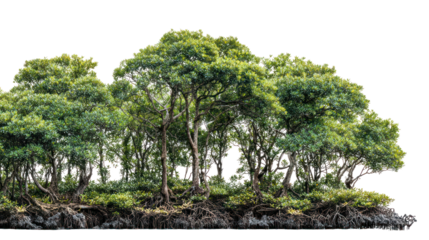 Lush green trees, nature landscape, forest perspective, isolated on transparent background