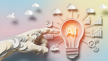 A robotic hand engages with a glowing ai light bulb, symbolizing innovation and cloud data