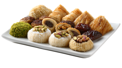 Assorted middle eastern pastries on a white plate with nuts isolated on transparent background