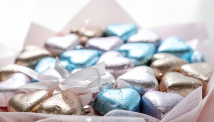 キラキラの包み紙に包まれたハート型チョコレートとコピースペース付きバレンタイン背景  
Heart-Shaped Chocol