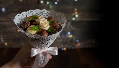 レースに包まれたチョコレートブーケと柔らかなボケ背景  
Chocolate Bouquet Wrapped in Lace with Soft Bokeh Background
