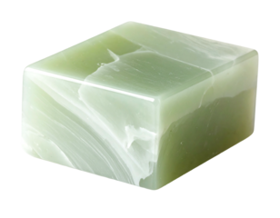 A polished, translucent pale green gemstone cube with white swirling patterns
