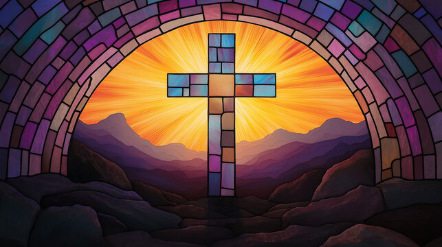 Stained glass cross with sunrise over mountains in religious style