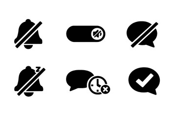Set of 6 chat unmute and notification restore icons designed for customer service platforms and message management interfaces. Clean monochromatic vector symbols for web and mobile platforms. © VectorGomes