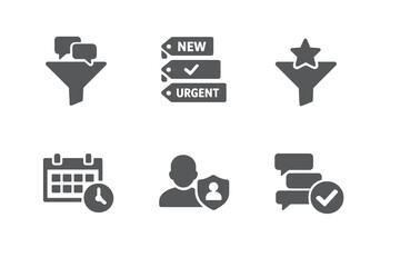 Set of 6 chat pin and priority conversation icons designed for customer service platforms and message organization interfaces. Clean monochromatic vector symbols for web and mobile platforms. © VectorGomes