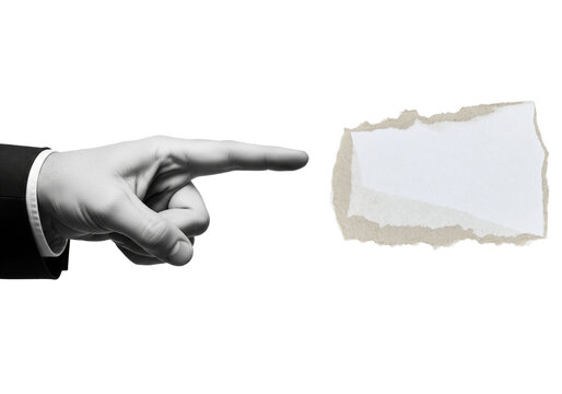 A grayscale image shows a pointing hand in a suit towards a torn piece of white paper, isolated on a stark white background, creating a minimalist, accusatory mood.
