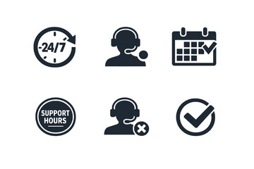 Digital customer support availability icon set showing service hours, online status and accessibility. Monochrome flat vector icons ideal for UI, apps and support dashboards.