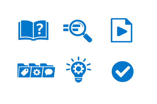 Set of 6 knowledge base and help center icons designed for customer self-service, documentation and support systems. Clean monochromatic vector symbols for web and mobile interfaces.