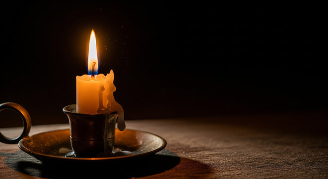 A single glowing candle with melting wax sits in a vintage brass holder on a rustic wooden table against a dark and moody background