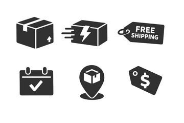 Digital shipping options icon set showing delivery types, costs and fulfillment choices. Monochrome flat vector icons ideal for ecommerce UI, apps and checkout pages.