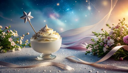 星のデコレーションが施された素敵なスイーツとコピースペース／Beautiful star‑decorated sweets with copy space
