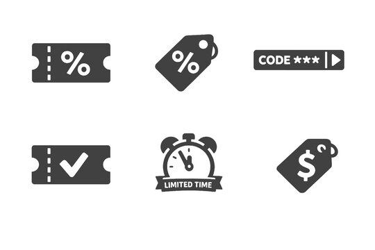 Digital discount coupon icon set showing promotions, promo codes and savings. Monochrome flat vector icons ideal for ecommerce UI, apps and online store pages.