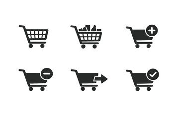 Digital shopping cart icon set showing ecommerce actions, product selection and checkout flow. Monochrome flat vector icons ideal for UI, apps and online store websites. © VectorGomes