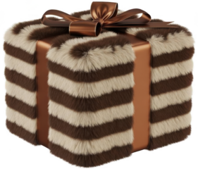 Furry gift png Striped present cutout Brown giftbox png White fur gift cutout Luxury box png Festive package cutout Christmas gift png Elegant present cutout isolated transparent background image