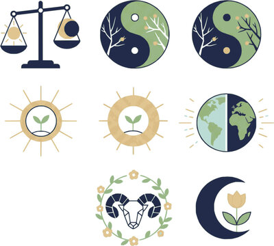 Professional spring equinox and celestial icons. Detailed vector set featuring sun and moon balance, zodiac symbols, and growth cycles. High-quality gold and navy graphics on white.