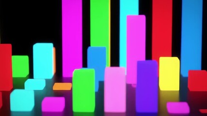 Colorful abstract glowing bars on black background, Luminous geometric bars glow in magenta and orange tones, Futuristic infographic visualizes global financial data. - Powered by Adobe