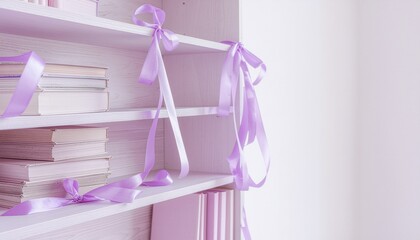 ガーリーにデコレーションされた本棚収納のコピースペースイメージ / Girly decorated bookshelf storage with copy space
