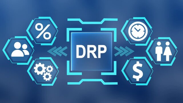 Glowing teal digital interface with the word DRP in the center surrounded. modern Concept with surrounding finance, users, settings and data analytics icons on blue blurred background.