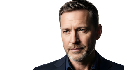 A confident young businessman in a casual shirt with a handsome smile and a well-groomed beard poses for a studio portrait with a professional lifestyle expression