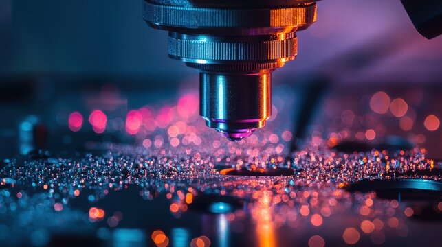 Macro close-up shot vividly captures the intricate precision of a microscope objective lens examining a textured surface illuminated by dramatic neon blue and hot pink scientific lighting creating bea