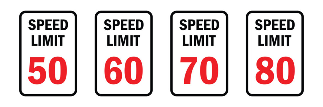 Speed limit sign icon set. Km car speed limit sign set with black number and red circle. Vector illustration in eps 10.