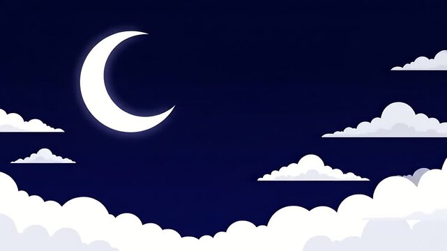 Beautiful cartoon night sky background with white crescent moon and fluffy clouds above a dark blue midnight backdrop graphic vector illustration