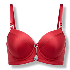 Red luxury satin bra with diamond pendant charm on transparent background