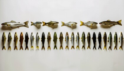 白い背景にたくさん並んだ魚の人形のミニマルコピースペース／Minimal Fish Dolls Lined Up on White Background with Copy Space
