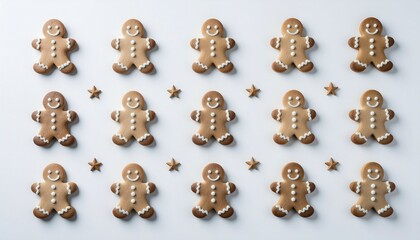 たくさんのジンジャーブレッドマンクッキーが並ぶシンプル背景／Simple Background with Many Gingerbread Man Cookies Aligned
