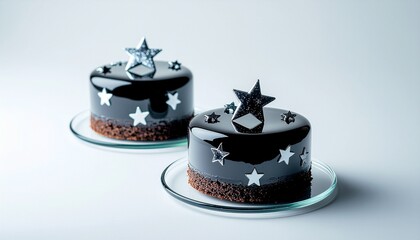 星のデコレーションが輝くシンプルなチョコレートケーキのコピースペース／Simple Chocolate Cake with Star Decorations and Copy Space
