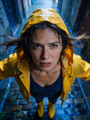 Frau mit gelben Regenmantel im Regen