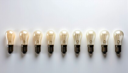 白い背景に並ぶ電球のミニマルコピースペース／Minimal Light Bulbs Aligned on White Background with Copy Space
