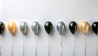 黒・金・シルバーの風船が並ぶ白背景のミニマルコピースペース／Minimal Black, Gold and Silver Balloons on White Background with Copy Space
