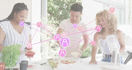 Selbstklebende Fototapeten Zu Kochen Preparing friends wearing casual sprinkling cheese and sauce on white kitchen island, pink icons  © vectorfusionart