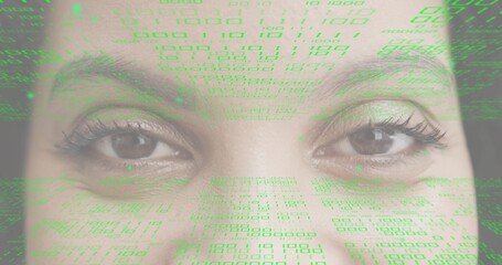 Gazing female face looking forward in studio portrait, showing green code overlay and eyes