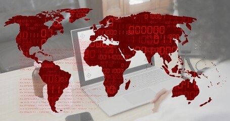 Hovering female hands wearing white shirt typing on laptop at office desk, with red map overlay