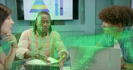 Leading braided colleague in plaid noting at table, notepad and laptop, pyramid display, green code
