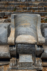 Ruins of the ancient city of Priene, Turkey. The Temple of Athena Polias in Priene  an Ionic Order temple located northwest of  agora, inside the sanctuary complex. It was dedicated to Athena Polias, 