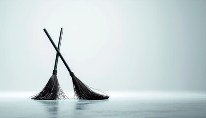 箒と白背景のミニマルコピースペース／Broom on White Minimalist Background with Copy Space
