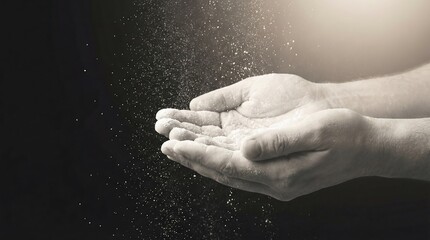 Close up of male hands cupped together catching falling white flour powder