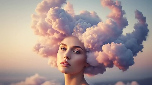 Woman with cloud hair a surreal and dreamy portrait capturing imagination and ethereal beauty.