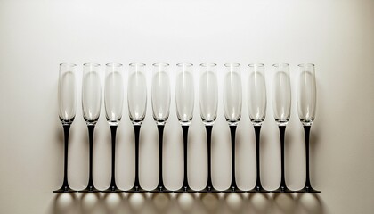 並んだシンプルなシャンパングラスと白い背景のコピースペース／Minimal Champagne Glasses in a Row on White Background with Copy Space
