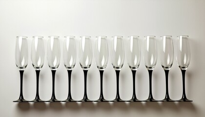 並んだシンプルなシャンパングラスと白い背景のコピースペース／Minimal Champagne Glasses in a Row on White Background with Copy Space
