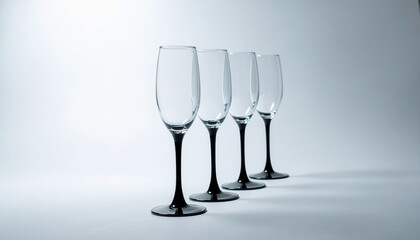 並んだシンプルなシャンパングラスと白い背景のコピースペース／Minimal Champagne Glasses in a Row on White Background with Copy Space
