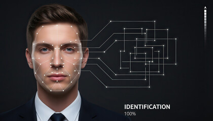 Male professional with facial recognition technology overlay, showcasing identification process, in a dark environment, emphasizing security and innovation in digital identification systems