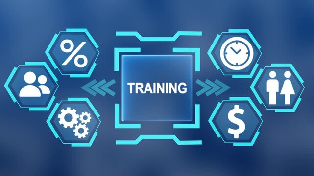 Glowing teal digital interface with the word TRAINING in the center surrounded. modern Concept with surrounding finance, users, settings and data analytics icons on blue blurred background.