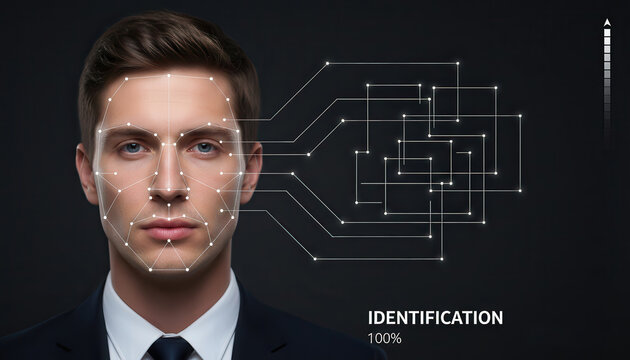 Male professional with facial recognition technology overlay, showcasing identification process, in a dark environment, emphasizing security and innovation in digital identification systems - Powered by Adobe