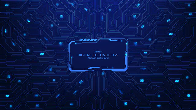 Futuristic HUD frame on circuit board background. Connected lines with electronic elements. Symbolizes technological advancement and artificial intelligence integration, Vector illustration.