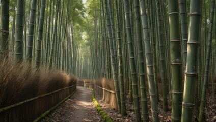 Fototapeta premium Lush Bamboo Forest Path - A Serene Walk Through Natures Embrace.